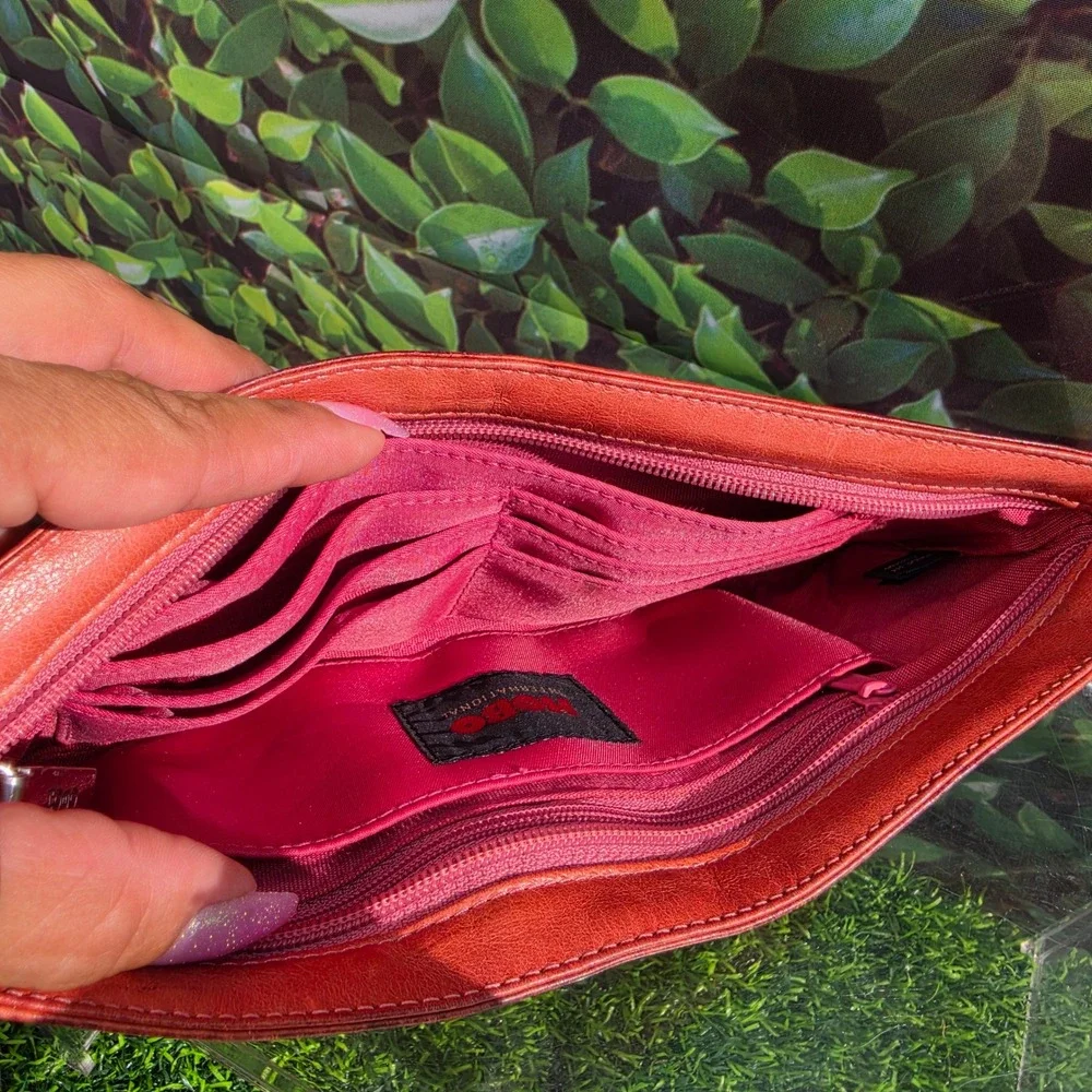 Hobo International Orange Red Ruffle Leather Wristlet Clutch Bag